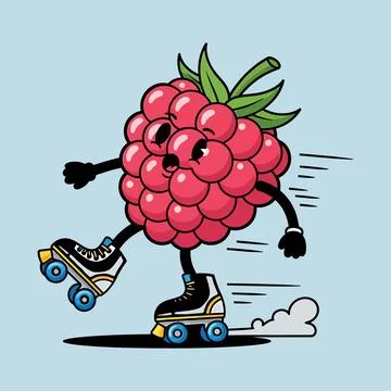 Funny Raspberry Roller Skating Cartoon Mascot in Fast Action Stock Illustration