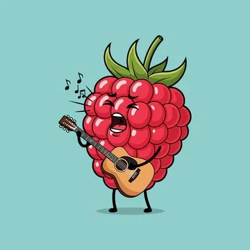 Funny Raspberry Singing with Guitar Cartoon Mascot Music Performance Stock Illustration