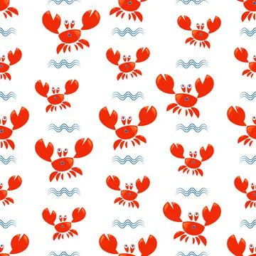 Funny red crabs and waves. Seamless pattern. Stock Illustration
