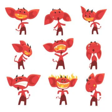 Funny red devil cartoon characters with different emotions set of vector 스톡 일러스트