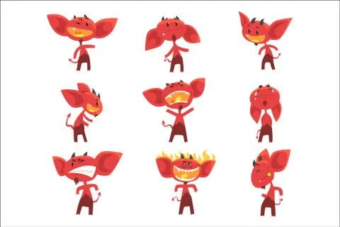 Funny red devil cartoon characters with different emotions set of vector Stock Illustration