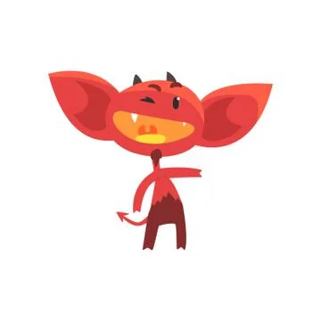 Funny red devil with little horns, big ears and tail with arrow tip end. Cartoon 스톡 일러스트