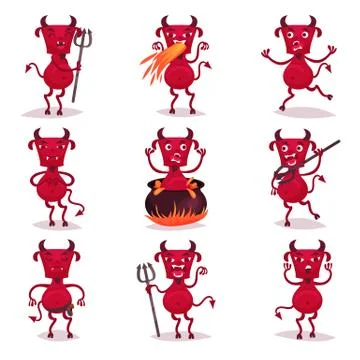 Funny red devils with horns and tails set, demon positive cartoon characters Stock Illustration
