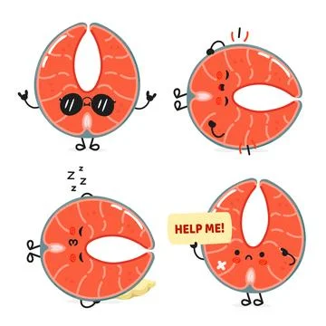Funny Red fish salmon characters bundle set. Vector hand drawn doodle style.. Stock Illustration