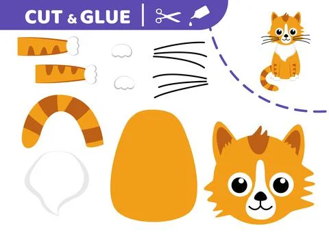 Funny red kitty. Cut and glue. Application work. Paper game. Vector Stock Illustration