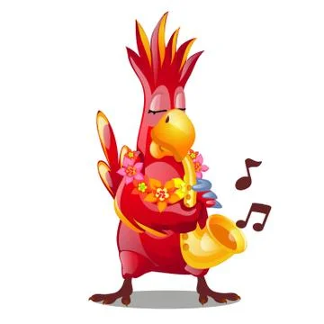 Funny red parrot playing a wind musical instrument isolated on a white Stock Illustration