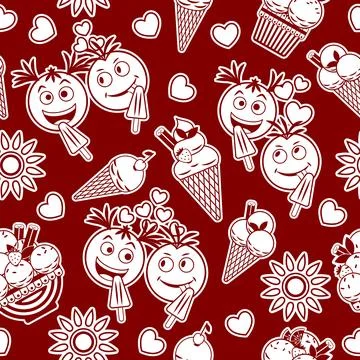 Funny red pattern with ice cream, crazy emoji love couple, sun icon, hearts Stock Illustration