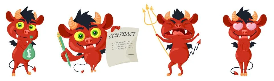 Funny red-skinned devil cartoon characters isolated set Illustrazione stock