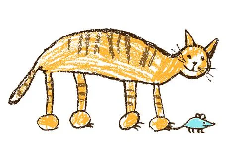 Funny red tabby cat catching mouse. Crayon child`s hand drawn cute kitten Stock Illustration