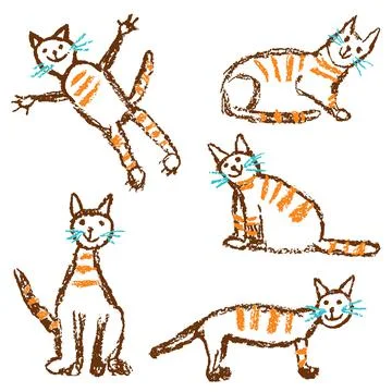 Funny red tabby cat set. Wax crayon like child`s hand drawn cute kitten Stock Illustration