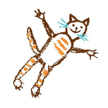 Funny red tabby flying cat. Wax crayon like child`s hand drawn cute kitten art. Stock Illustration