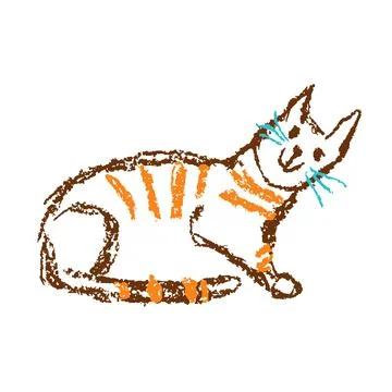 Funny red tabby sitting cat. Wax crayon like child`s hand drawn cute kitten art Stock Illustration