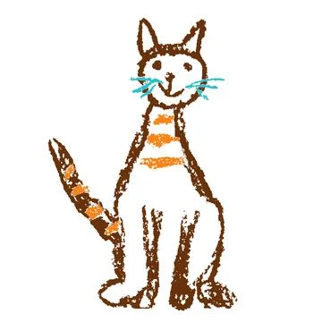 Funny red tabby sitting smiling cat. Wax crayon like child`s hand drawn Stock Illustration
