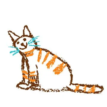 Funny red tabby sitting smiling cat. Wax crayon like child`s hand drawn Stock Illustration