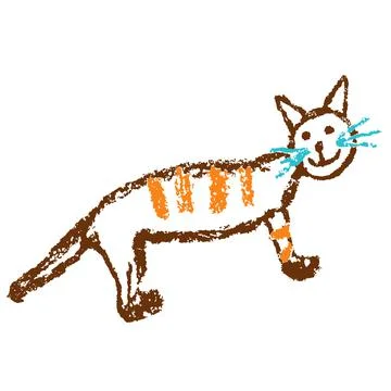 Funny red tabby standing smiling cat. Wax crayon like child`s hand drawn Stock Illustration