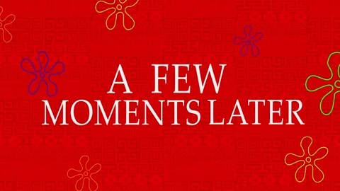 Funny red time jump visual with large white phrase text, cartoon floral shapes, Stock Footage 340556555