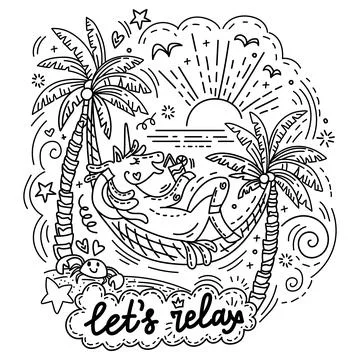 Funny relaxing unicorn vector doodle illustration Stock Illustration