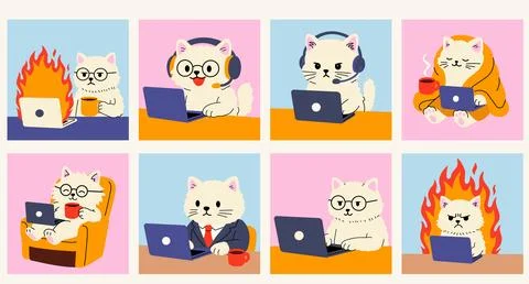 Funny Remote Work Cats with Laptops and Coffee Stock-Illustration