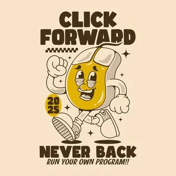 Funny Retro Computer Mouse Illustration with Motivational Click Forward Messa Stock Illustration