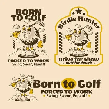 Funny Retro Golf TShirt Bundle with Cool Ball Character Quotes Stock Illustration