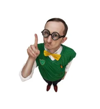 Funny retro nerd announcing good news isolated on white background Stock Photos