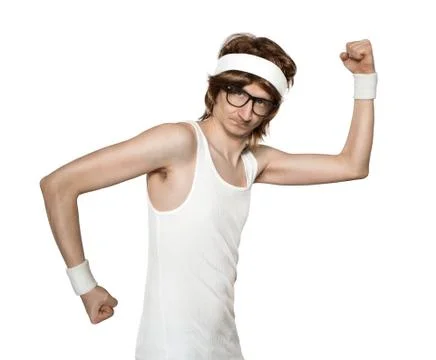 Funny retro nerd flexing his muscle isolated on white background Stock Photos