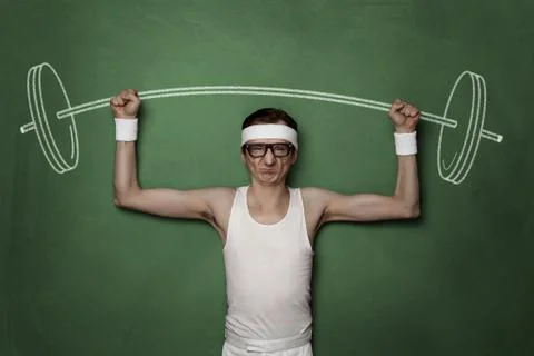 Funny retro sport nerd lifting weights drawn on a chalkboard Stock Photos