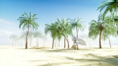 Funny robot dancing on sunny seaside. Tourism and rest concept. Realistic 4K Stock Footage 93531209