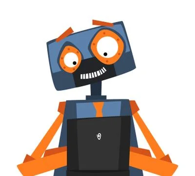 Funny Robot Sitting in front of Computer, Android Working with Laptop Stock Illustration