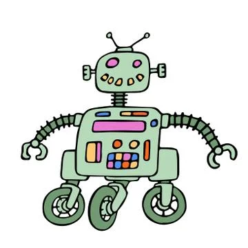 Funny robot on wheels with red eyes. Vector illustration. Stock Illustration