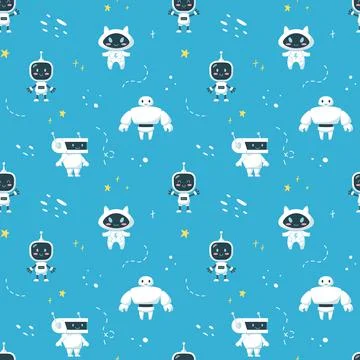 Funny robots seamless pattern, cheerful cartoon characters, flat vector Stockillustratie