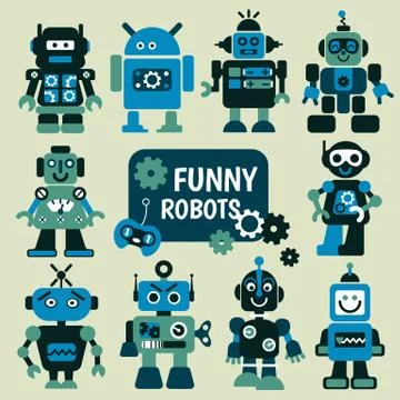 Funny robots set 10 cheerful robots for design. Stock Illustration