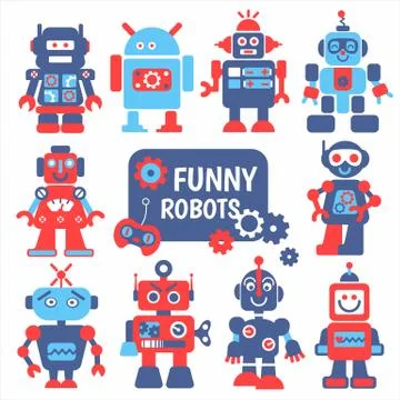 Funny robots set 10 cheerful robots for design. Illustrazione stock
