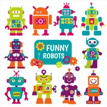 Funny robots set 10 cheerful robots for design Illustrazione stock