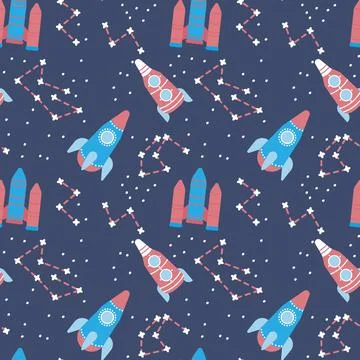 Funny rockets seamless pattern vector illustration. Universe background. Stock Illustration