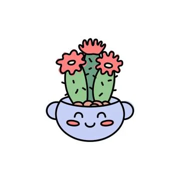 Funny round pot with muzzle. Kawaii cactus with flowers. Cute vector Stock Illustration