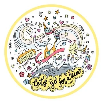 Funny running unicorn vector colored doodle illustration Stock Illustration