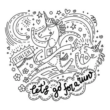 Funny running unicorn vector doodle illustration Stock Illustration