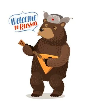 Funny Russian bear in cap with earflaps plays balalaika. Welcome to Russia Stock Illustration
