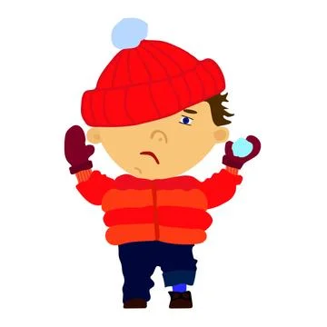 Funny sad boy throwing a snowball. Flat illustration in cartoon style isolated Stock Illustration
