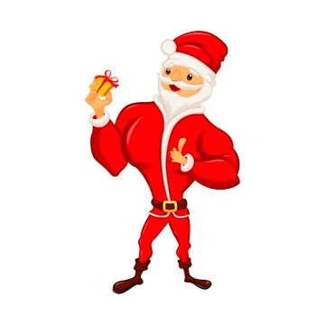 A funny Santa is holding a small gift in his hand. Santa sportsman. Stock Illustration