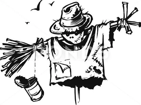 Funny scarecrow in a torn shirt and a straw hat Stock Illustration