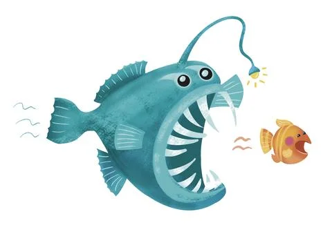 Funny scary fish devil chases cute little fish. Underwater animals. Sea 스톡 일러스트