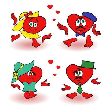 Funny scenes with pair of loving red hearts Stock Illustration