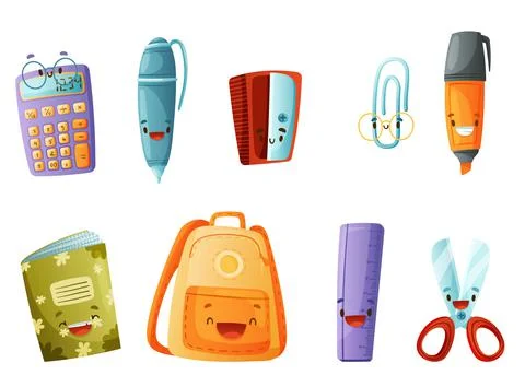 Funny School Items with Smiling Faces as Cartoon Education Supply Vector Set Stock Illustration