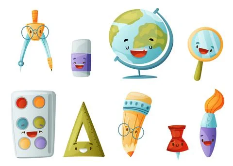 Funny School Items with Smiling Faces as Cartoon Education Supply Vector Set Stock Illustration