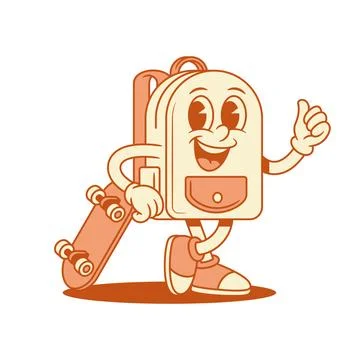 Funny schoolbag backpack cartoon character with skateboard isometric vector i Stock Illustration