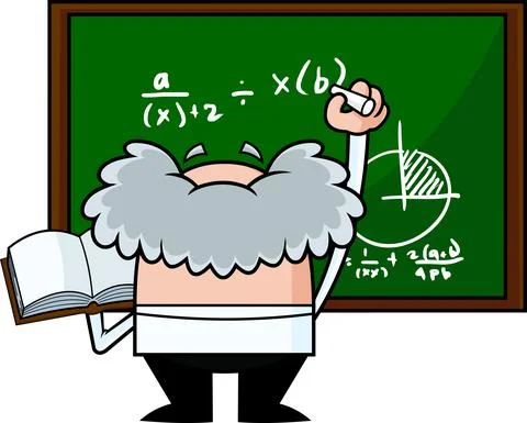Funny Science Professor With A Textbook Writes Complex Formulas On Chalkboard Stock Illustration