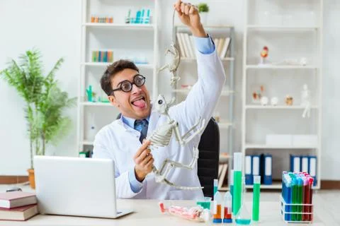 Funny scientist with cat skeleton in lab clinic Stock Photos