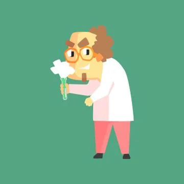 Funny Scientist In Lab Coat With Test Tube And Evil Smirk Stock Illustration